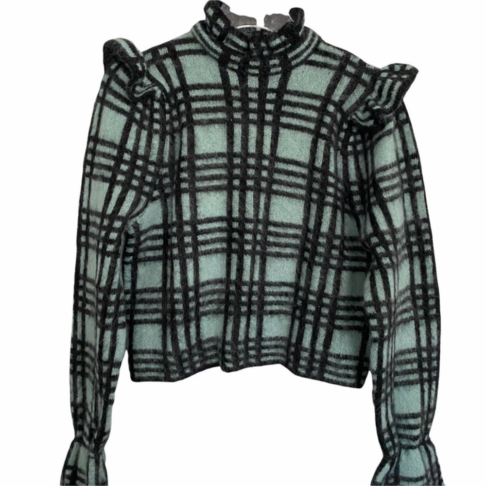ZARA wool mohair sweater NWT green black S ruffle shoulder soft - Picture 4 of 13